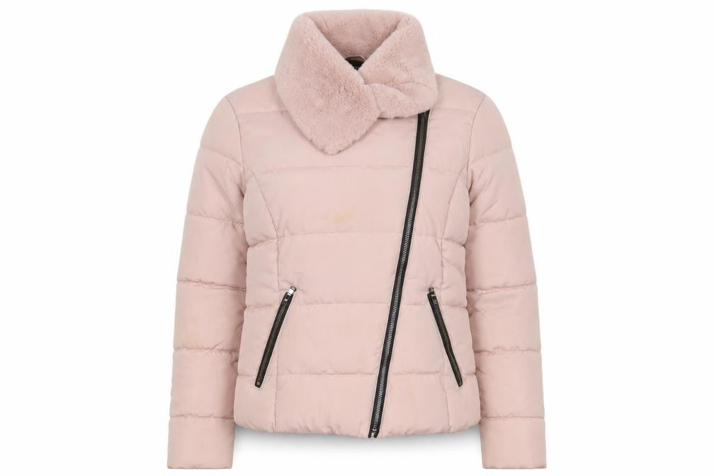 Front view of Dorothy Perkins women’s pink quilted coat, size UK 8, zip