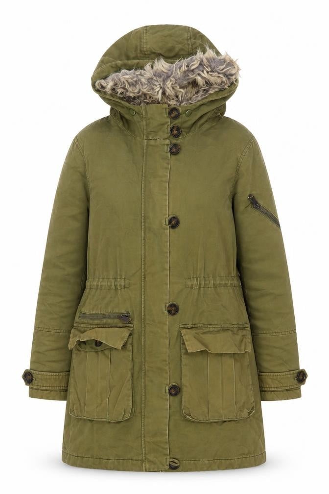 Front view of Topshop women’s green parka coat, size UK 8, zip