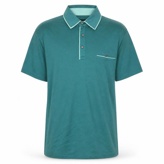 Front view of Charles Norton men’s blue polyester polo, size M, collared button