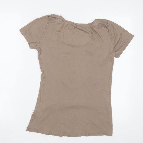 Noa Noa Womens Brown Cotton Basic T-Shirt Size L Scoop Neck - Embroidered