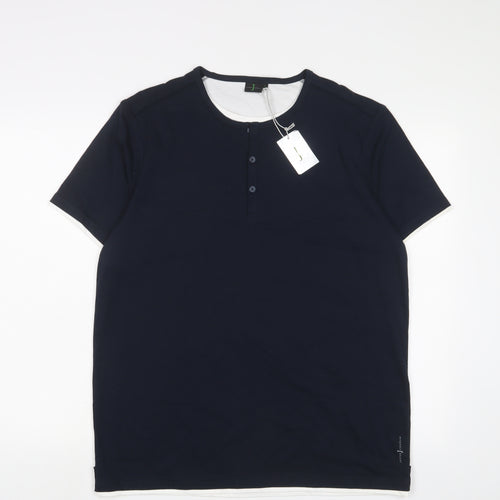 Jasper Conran Mens Blue Cotton T-Shirt Size L Henley - Logo