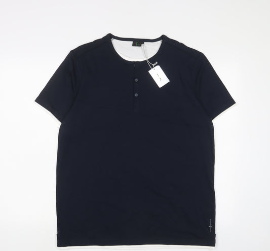 Jasper Conran Mens Blue Cotton T-Shirt Size L Henley - Logo