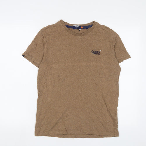 Superdry Mens Brown Cotton T-Shirt Size S Crew Neck - Logo, Embroidered