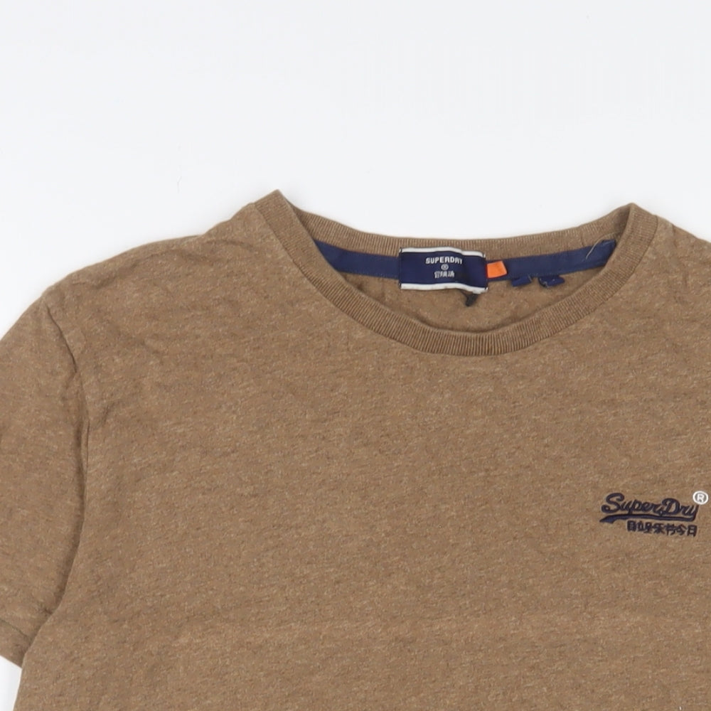 Superdry Mens Brown Cotton T-Shirt Size S Crew Neck - Logo, Embroidered