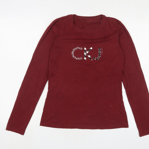 Calvin Klein Womens Red Cotton Basic T-Shirt Size L Crew Neck - Logo, Beaded