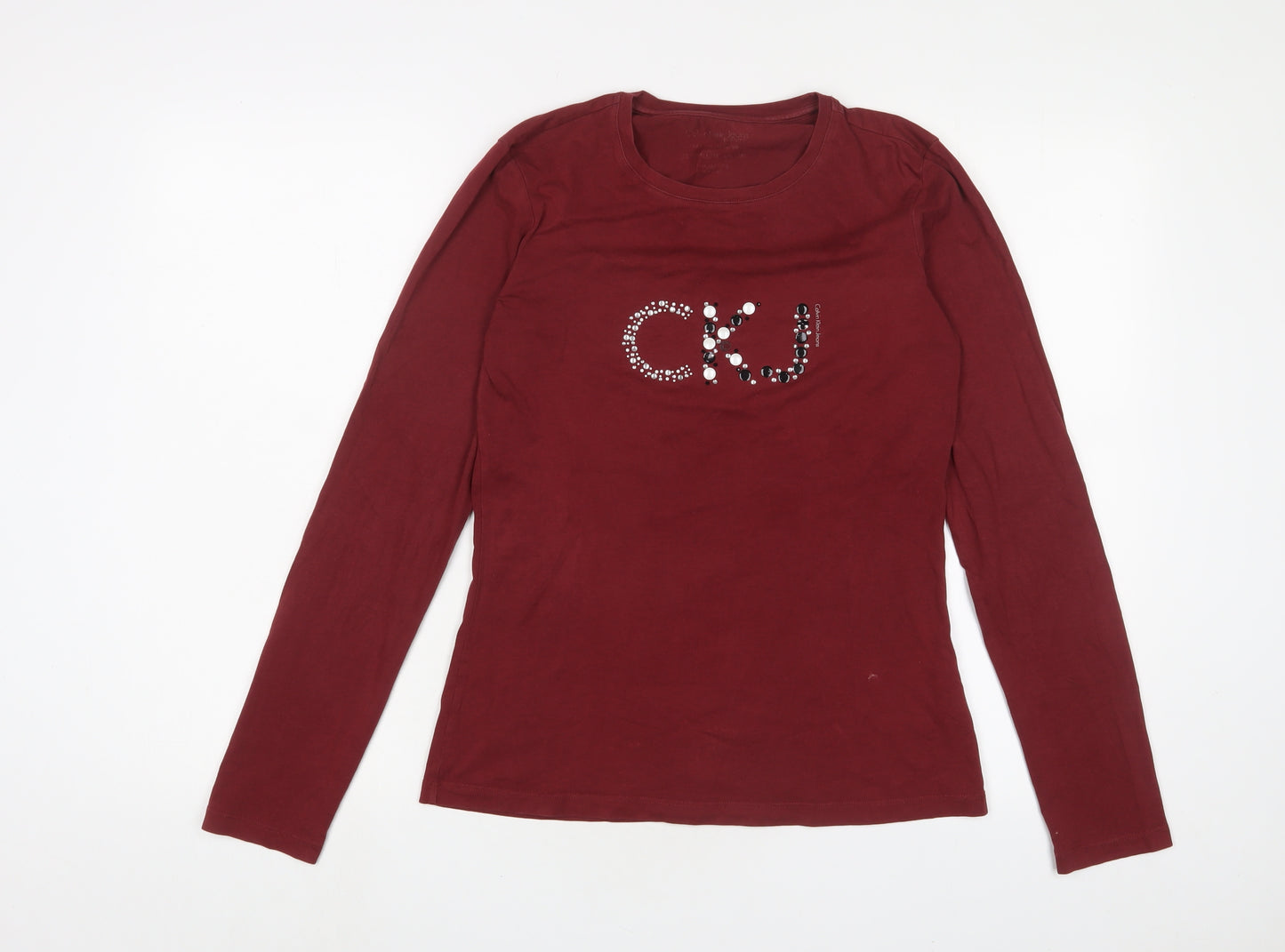 Calvin Klein Womens Red Cotton Basic T-Shirt Size L Crew Neck - Logo, Beaded