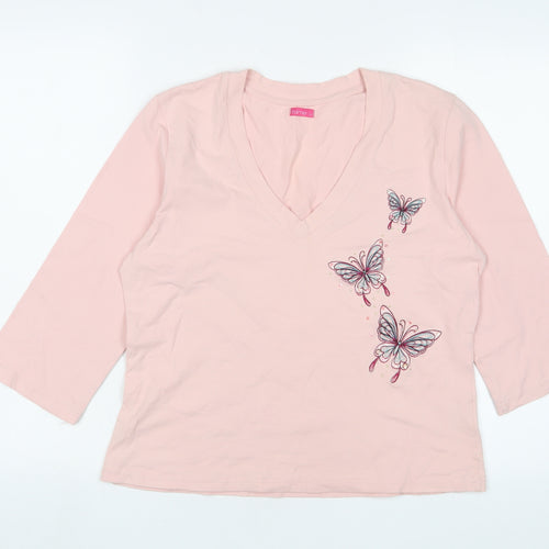 Falmer Womens Pink Cotton Basic T-Shirt Size 16 V-Neck - Butterfly, Embroidered