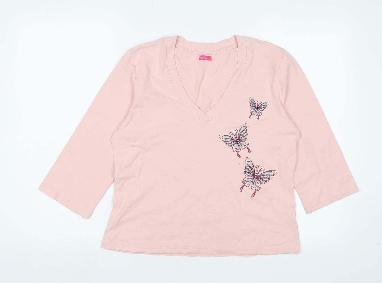 Falmer Womens Pink Cotton Basic T-Shirt Size 16 V-Neck - Butterfly, Embroidered