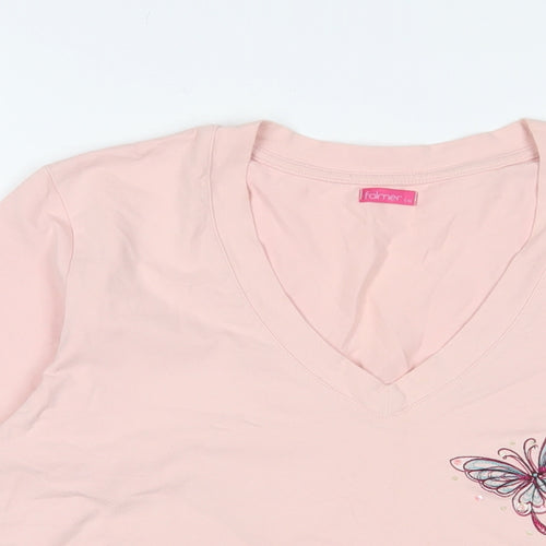 Falmer Womens Pink Cotton Basic T-Shirt Size 16 V-Neck - Butterfly, Embroidered