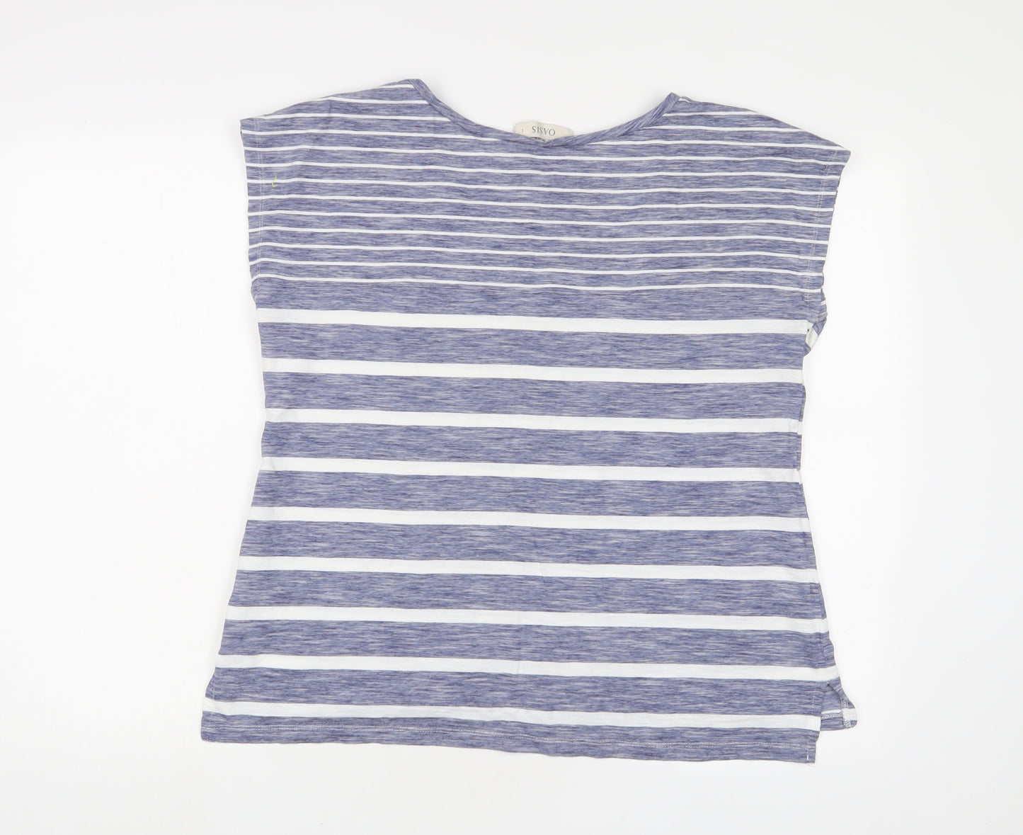 Oasis Womens Blue Striped Cotton Basic T-Shirt Size L Boat Neck