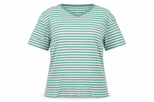 Front view of Percival women’s green striped cotton basic t-shirt, size M, crew neck