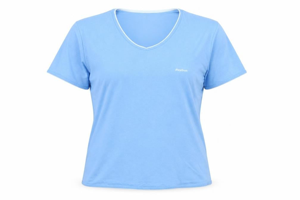Front view of Reebok women’s blue polyester basic t-shirt, size XL, v-neck - logo
