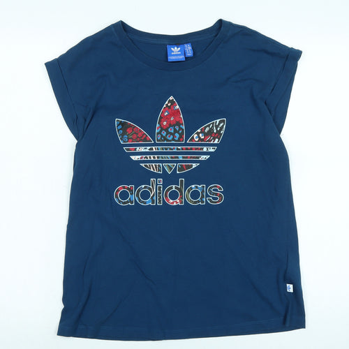 adidas Womens Blue Cotton Basic T-Shirt Size 14 Crew Neck - Logo - Adidas