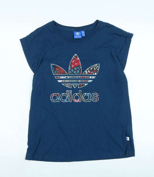 adidas Womens Blue Cotton Basic T-Shirt Size 14 Crew Neck - Logo - Adidas