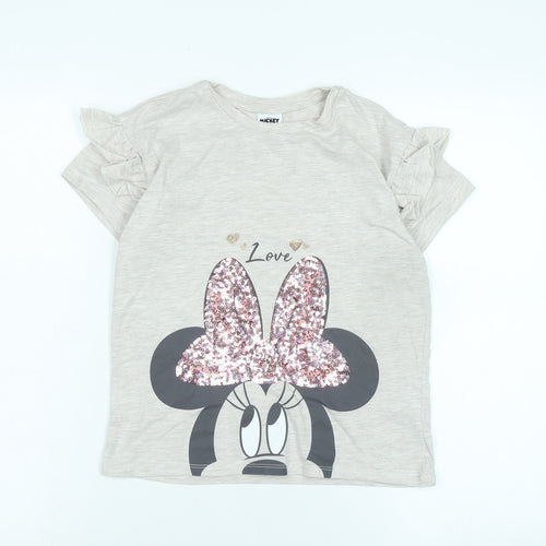 Disney Girls Grey Cotton Basic T-Shirt Size 10-11 Years Crew Neck - Logo -Love - Micky and Friends- Sequins .