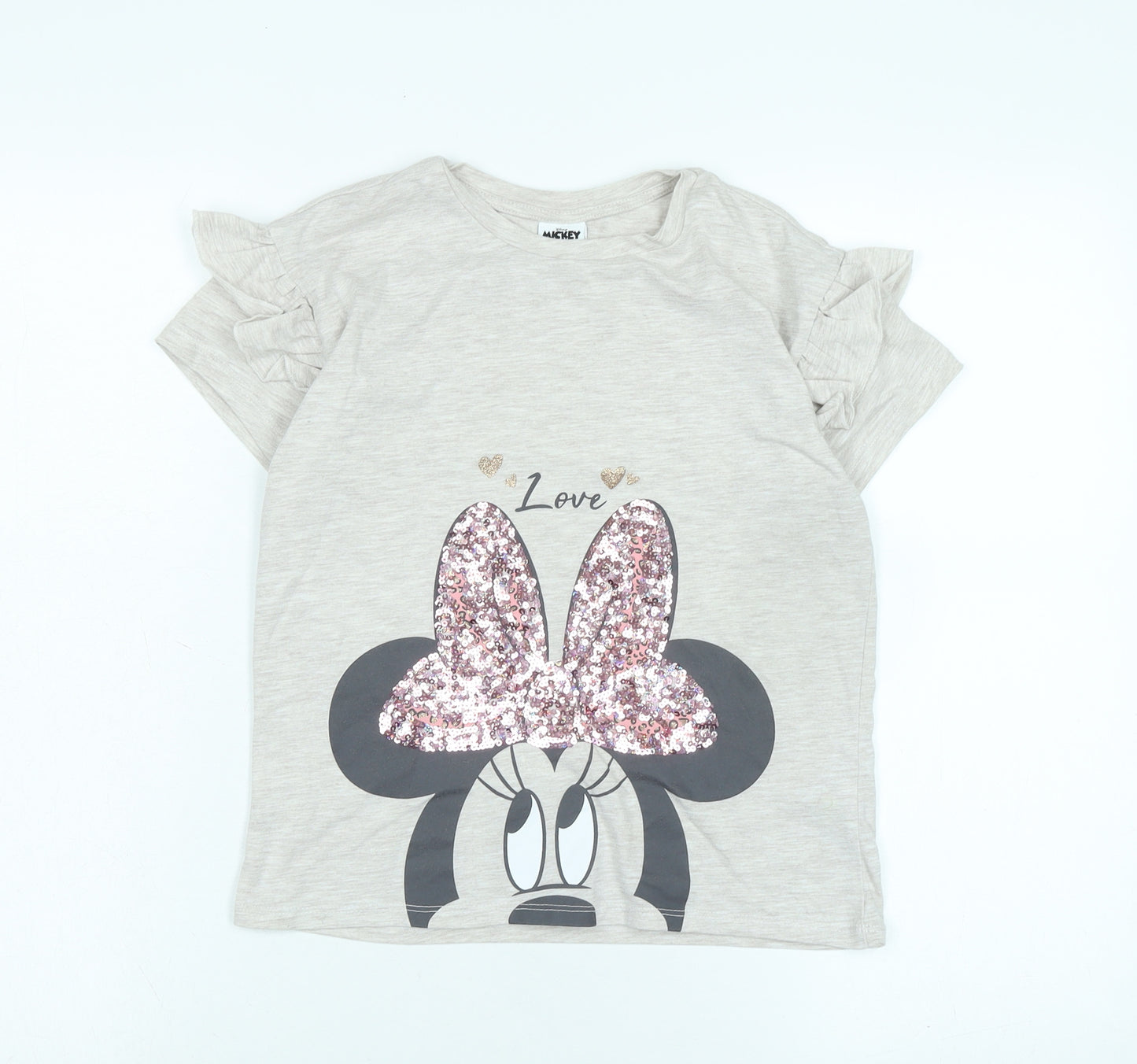 Disney Girls Grey Cotton Basic T-Shirt Size 10-11 Years Crew Neck - Logo -Love - Micky and Friends- Sequins .