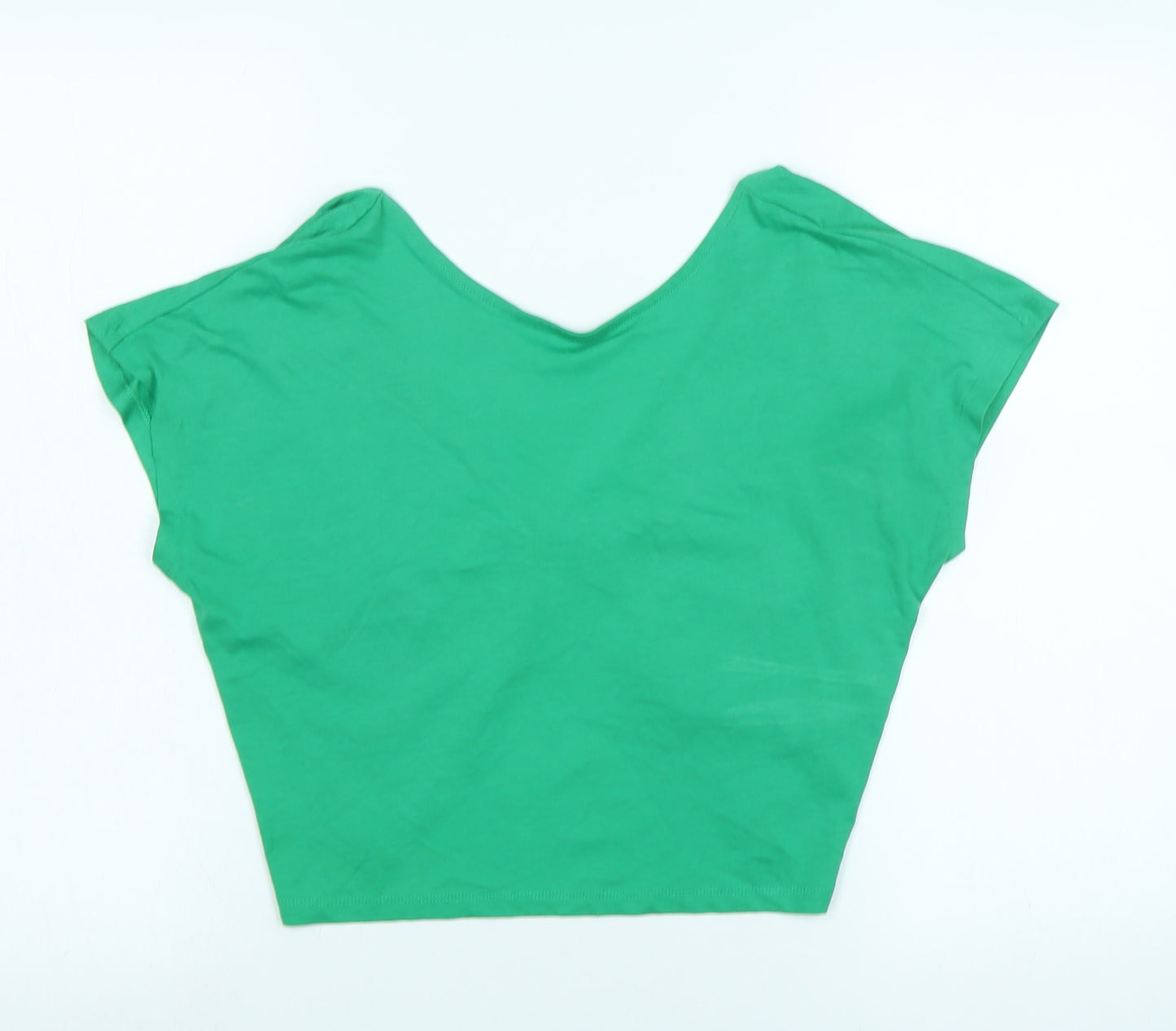 Monki Womens Green Cotton Cropped T-Shirt Size S V-Neck - Logo