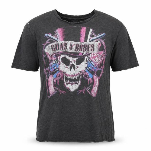 Guns & Roses Womens Grey Cotton Basic T-Shirt Size M Crew Neck - Logo- Guns & roses