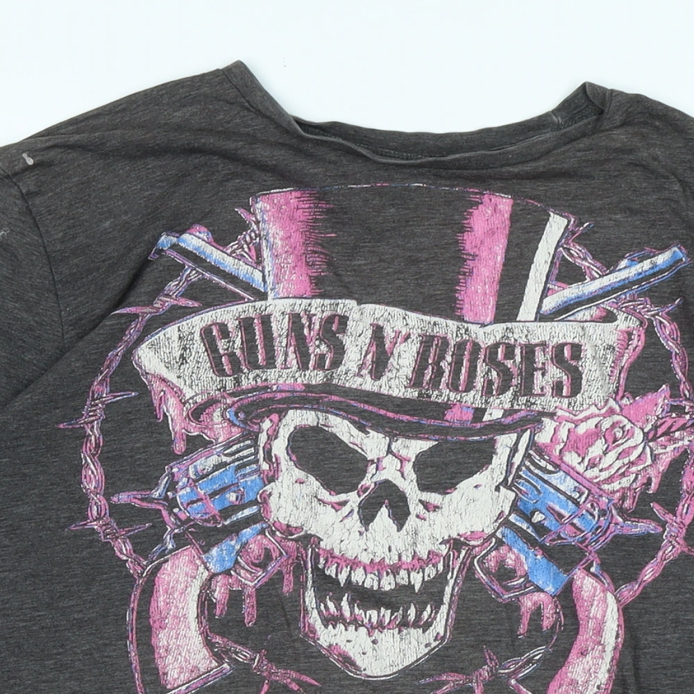 Guns & Roses Womens Grey Cotton Basic T-Shirt Size M Crew Neck - Logo- Guns & roses