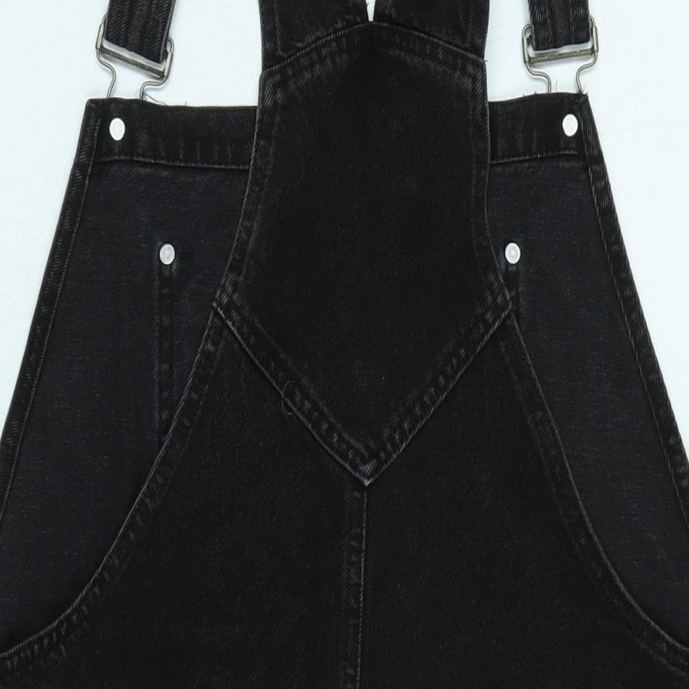 ASOS Womens Black Cotton Pinafore/Dungaree Dress Size 20 Square Neck Snap