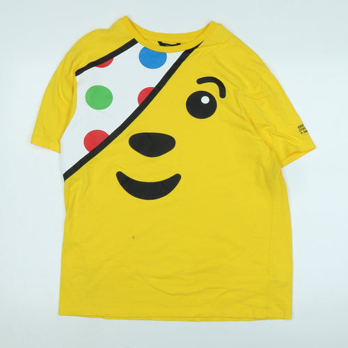 Pudsy Womens Yellow Cotton Basic T-Shirt Size XL Crew Neck - Logo -BBC Children in need