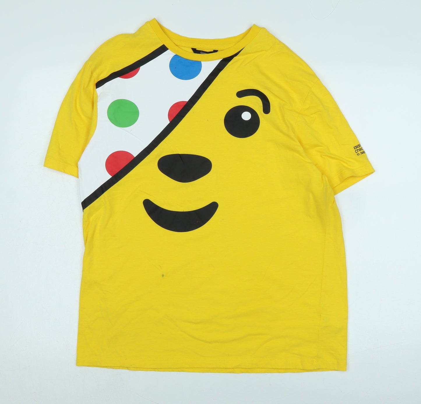 Pudsy Womens Yellow Cotton Basic T-Shirt Size XL Crew Neck - Logo -BBC Children in need