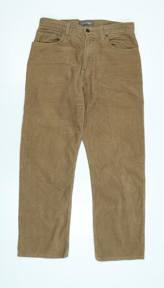 Marks and Spencer Mens Beige Cotton Trousers Size 32 in L29 in Regular Zip