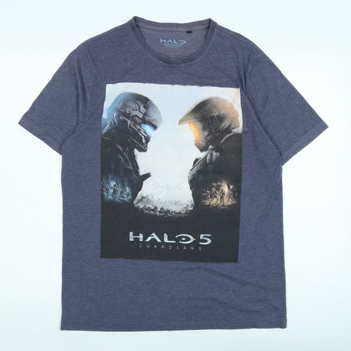Halo Mens Blue Cotton T-Shirt Size M Henley - Logo - halo 5 - guardian