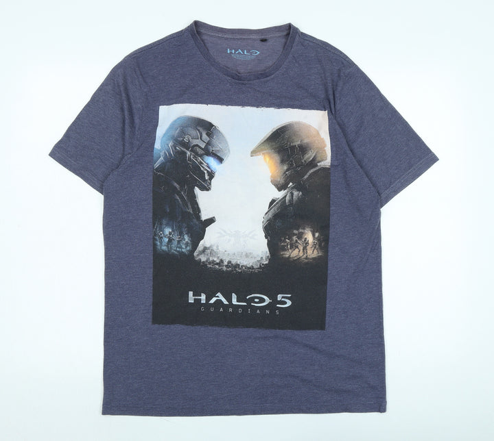 Halo Mens Blue Cotton T-Shirt Size M Henley - Logo - halo 5 - guardian