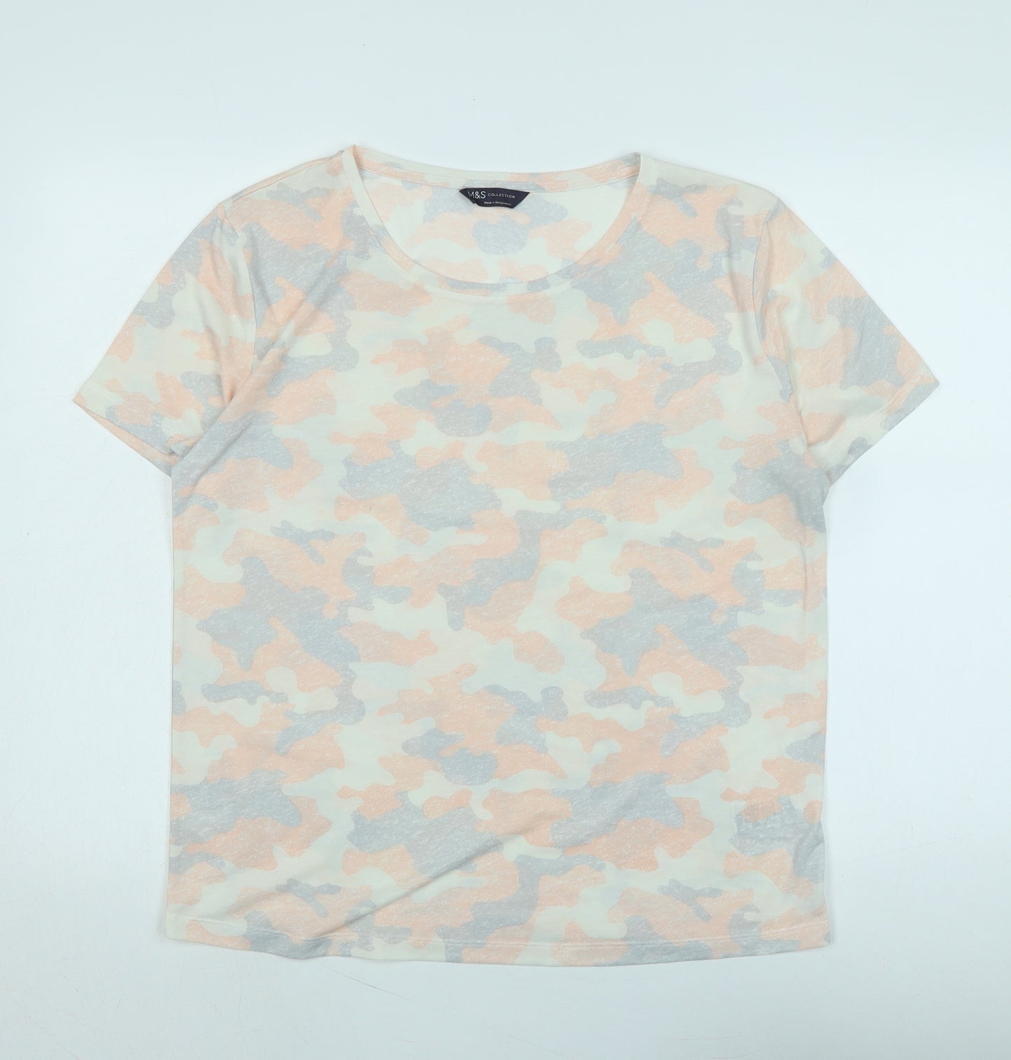 Marks and Spencer Womens Multicoloured Camouflage Cotton Basic T-Shirt Size 12 Scoop Neck