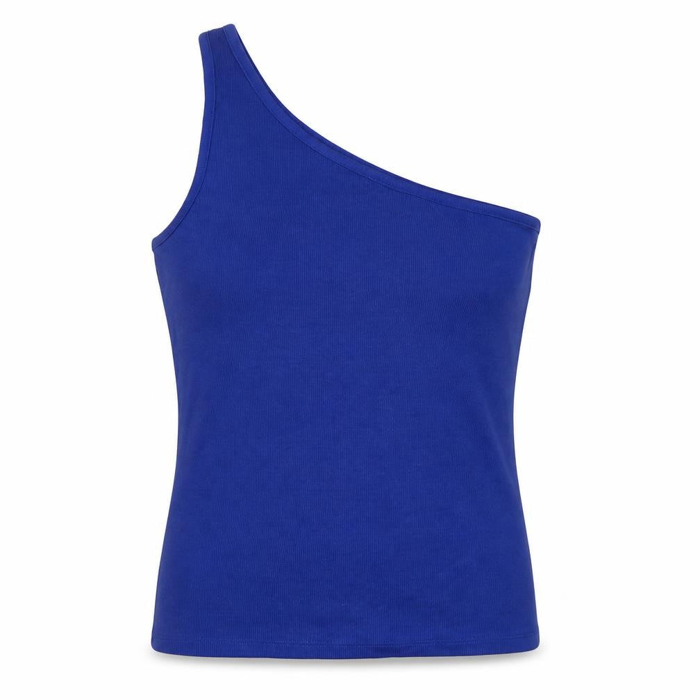 Front view of Marks & Spencer women’s purple cotton basic tank, size UK 14, one shoulder