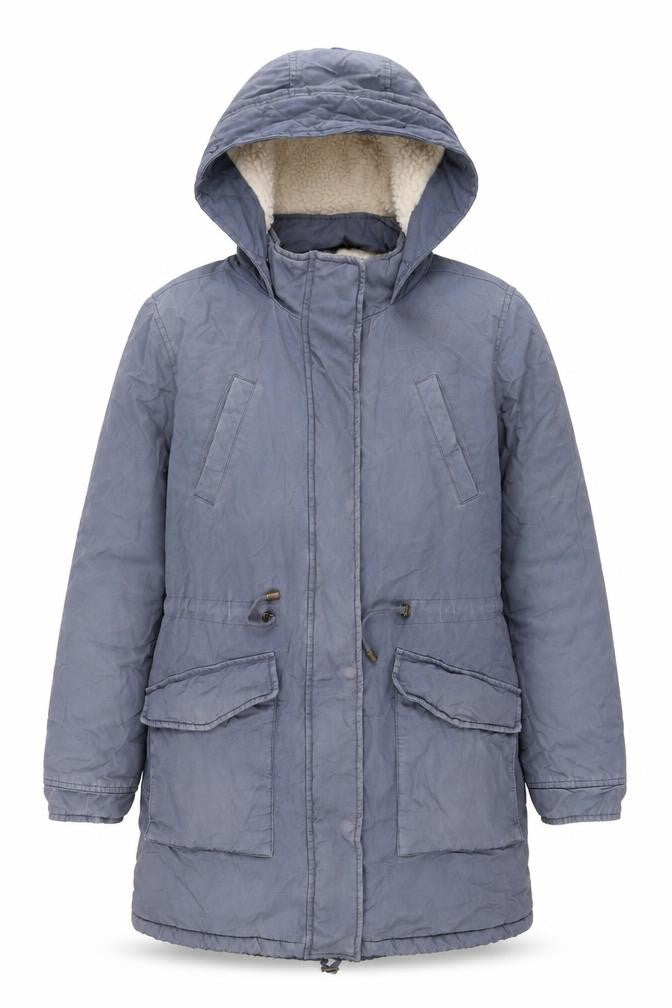 Front view of Marks & Spencer women’s blue parka jacket, size UK 12, zip