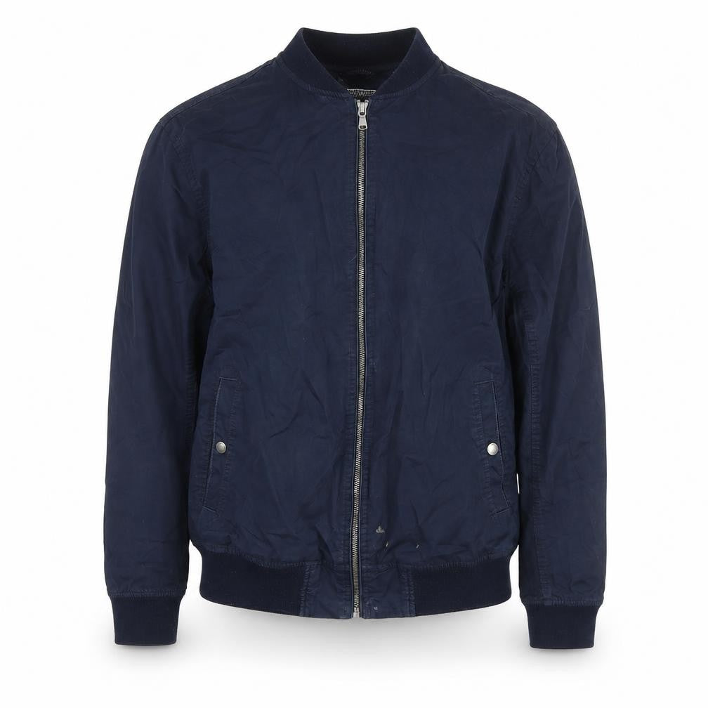 Front view of Red Herring men’s blue bomber jacket jacket, size XL, zip
