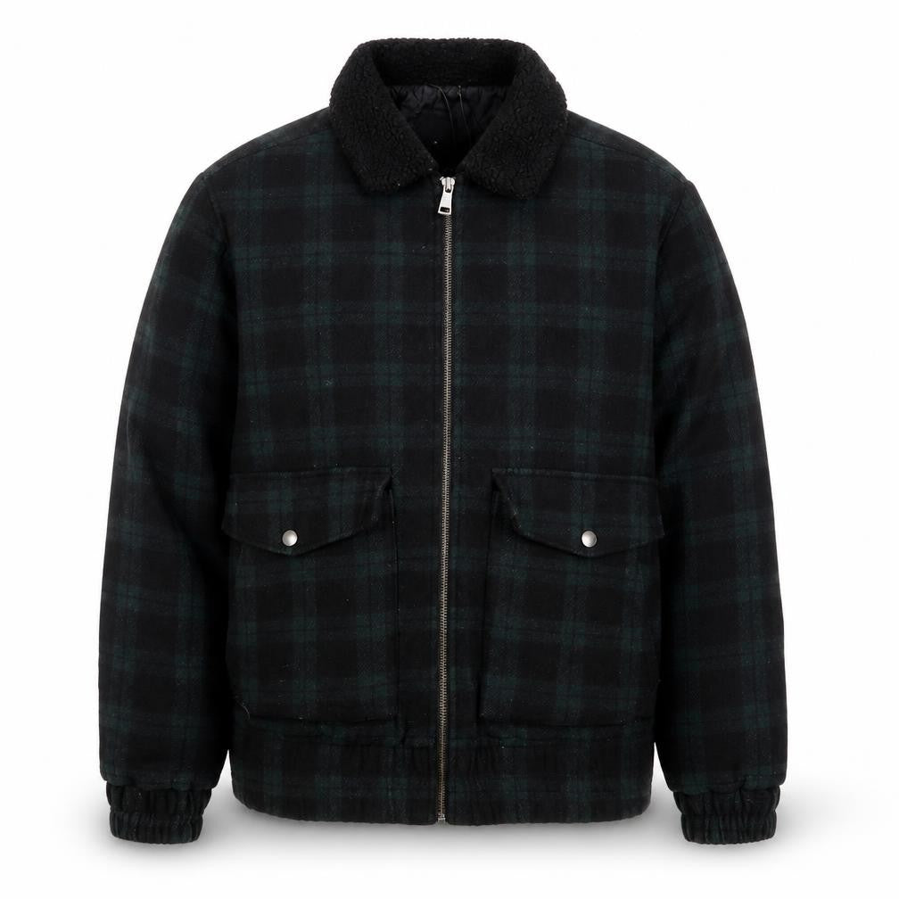 Front view of New Look men’s green check jacket coat, size M, zip