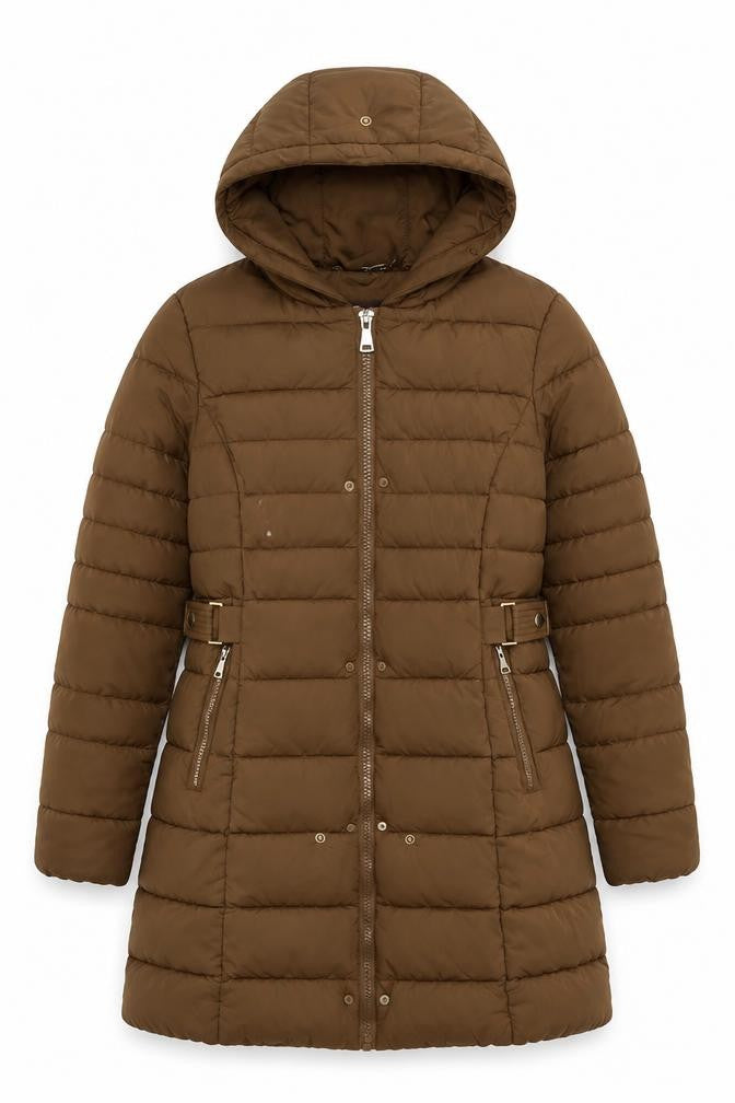 Front view of Wulux women’s brown quilted jacket, size XL, zip