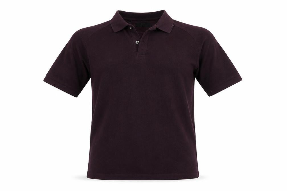 Front view of ACW85 men’s purple cotton polo, size M, collared pullover