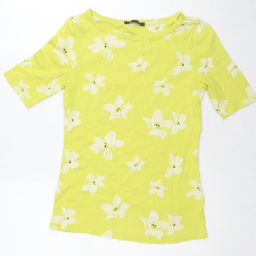 Marks and Spencer Womens Yellow Floral Cotton Basic Blouse Size 12 Round Neck