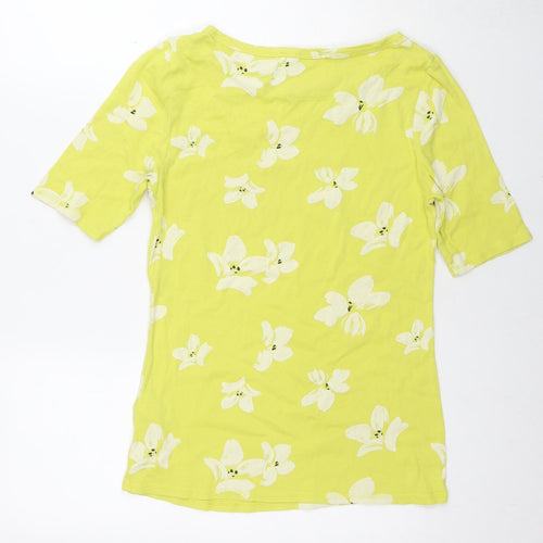 Marks and Spencer Womens Yellow Floral Cotton Basic Blouse Size 12 Round Neck