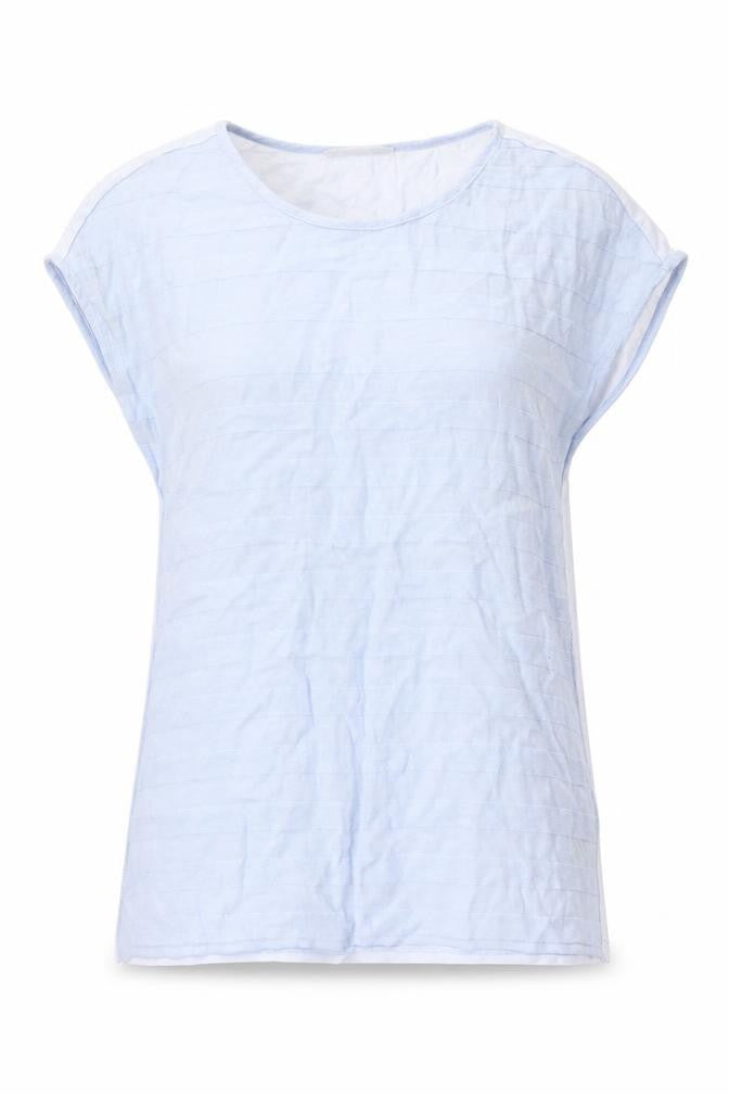 Front view of Per Una women’s blue striped viscose basic t-shirt, size UK 12, round neck