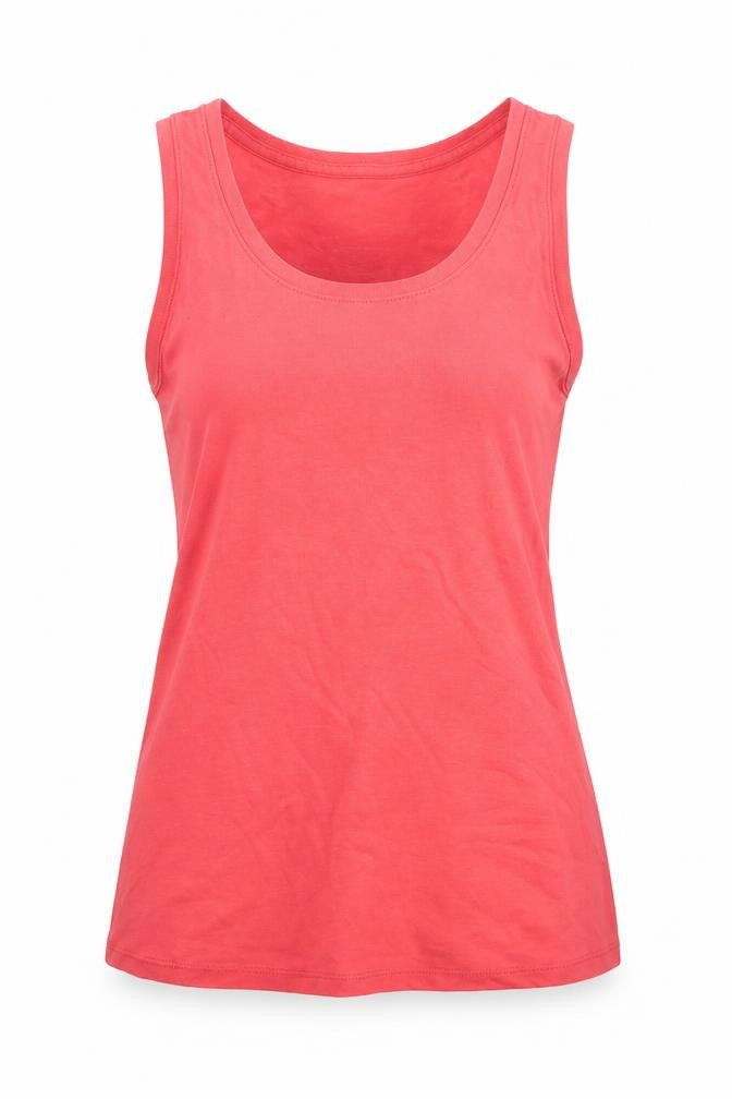 Front view of John Lewis women’s pink cotton basic tank, size UK 8, round neck