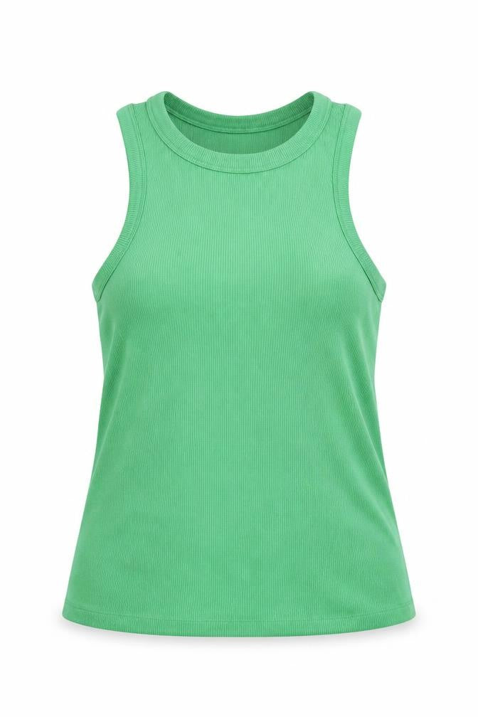 Front view of Noisy May women’s green cotton basic tank, size 2XL, round neck - ribbed
