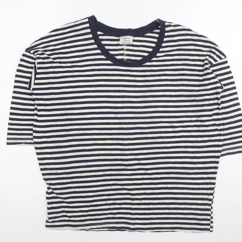 Zara Womens Blue Striped Cotton Basic T-Shirt Size S Round Neck