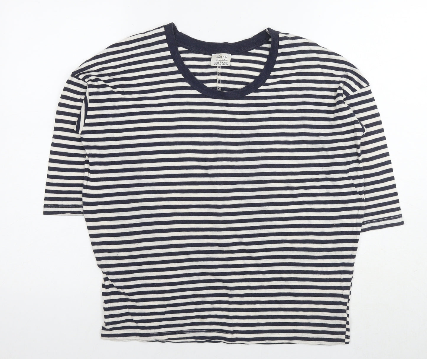 Zara Womens Blue Striped Cotton Basic T-Shirt Size S Round Neck