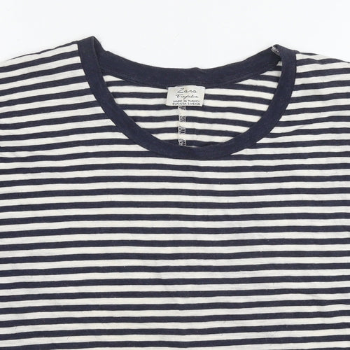 Zara Womens Blue Striped Cotton Basic T-Shirt Size S Round Neck