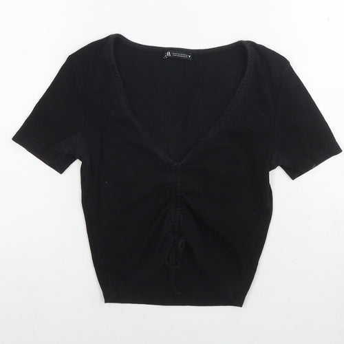 Zara Womens Black Cotton Cropped T-Shirt Size M V-Neck