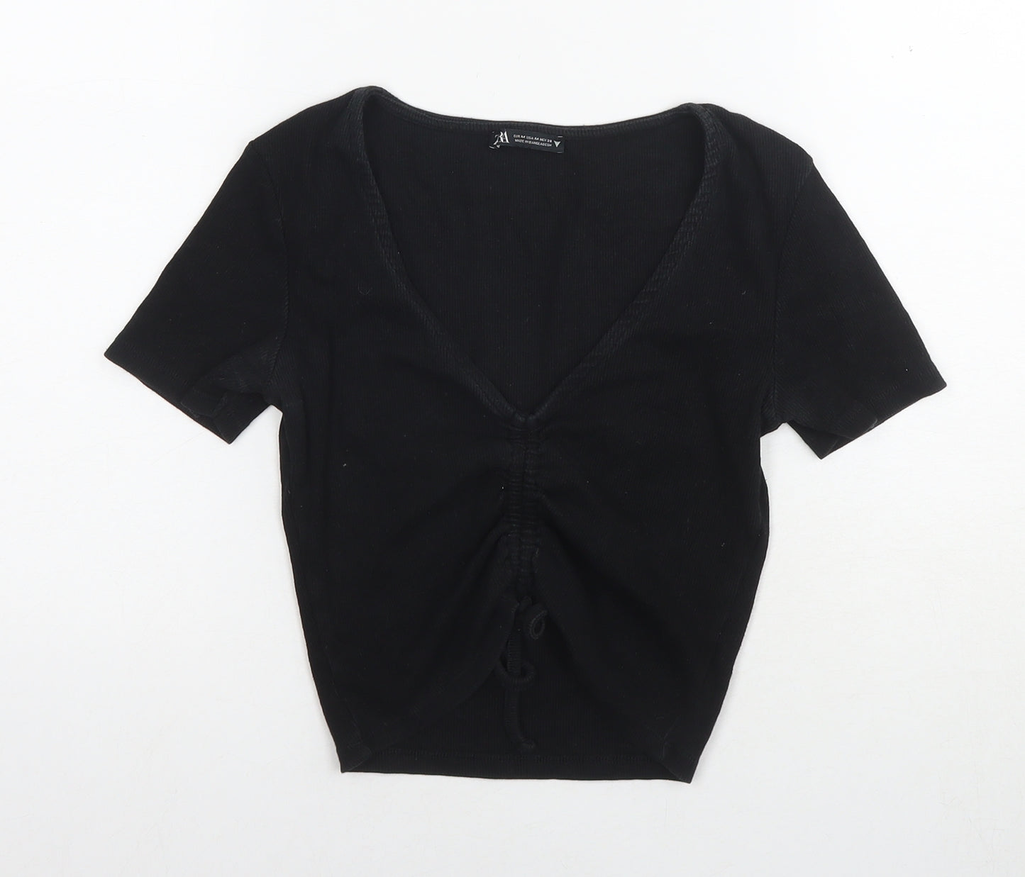 Zara Womens Black Cotton Cropped T-Shirt Size M V-Neck