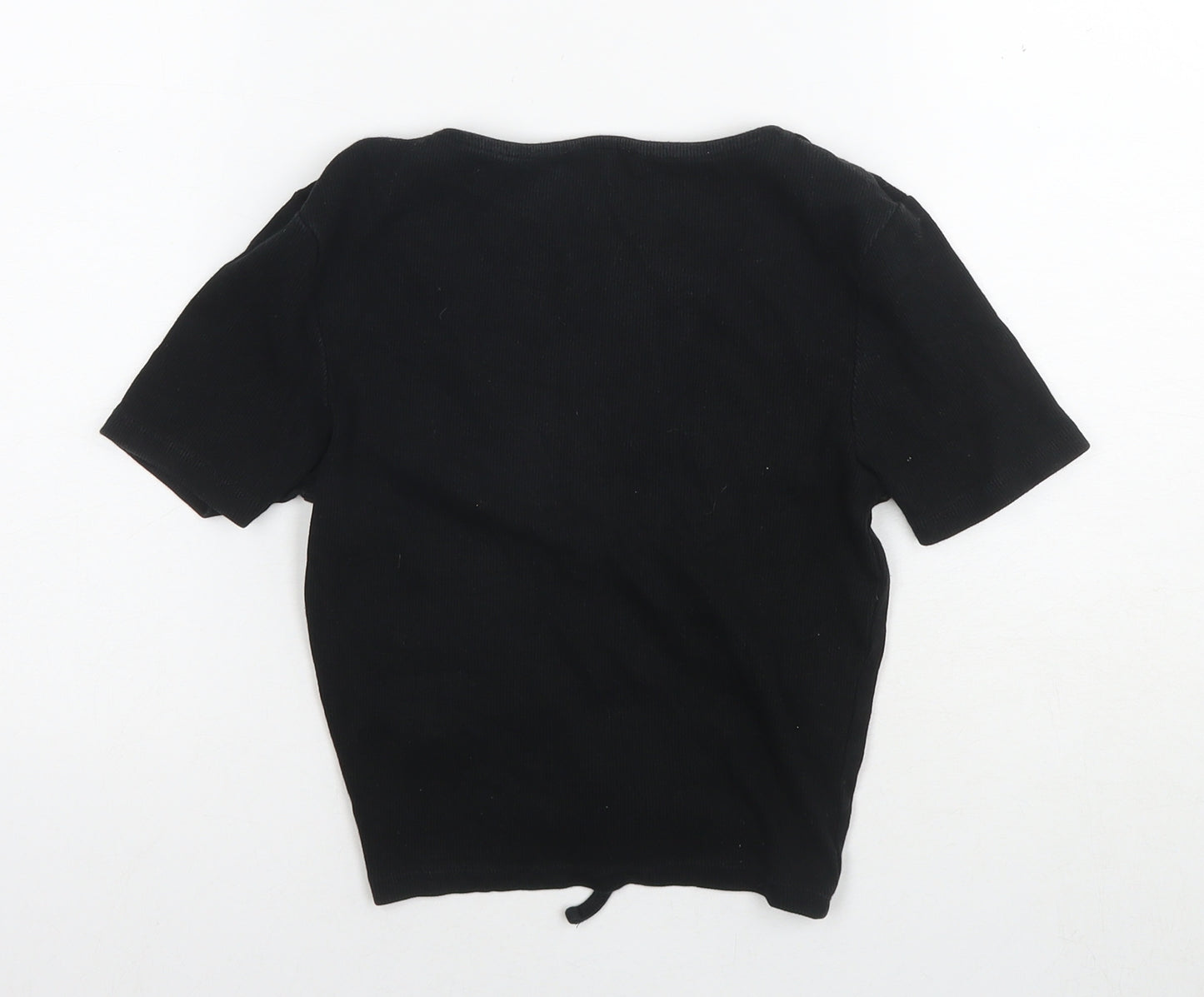 Zara Womens Black Cotton Cropped T-Shirt Size M V-Neck