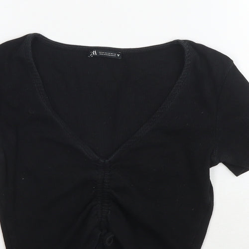 Zara Womens Black Cotton Cropped T-Shirt Size M V-Neck