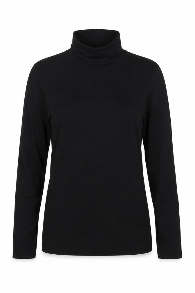 Front view of Dorothy Perkins women’s black viscose basic blouse, size UK 12, roll neck