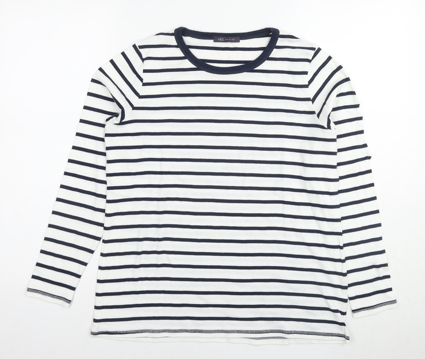 Marks and Spencer Womens White Striped Cotton Basic T-Shirt Size 18 Round Neck